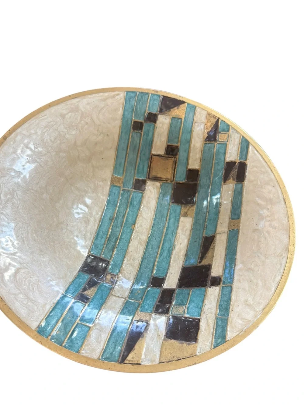 Vintage Brass Enamel  Turquoise Ivory Pedestal Bowl 9